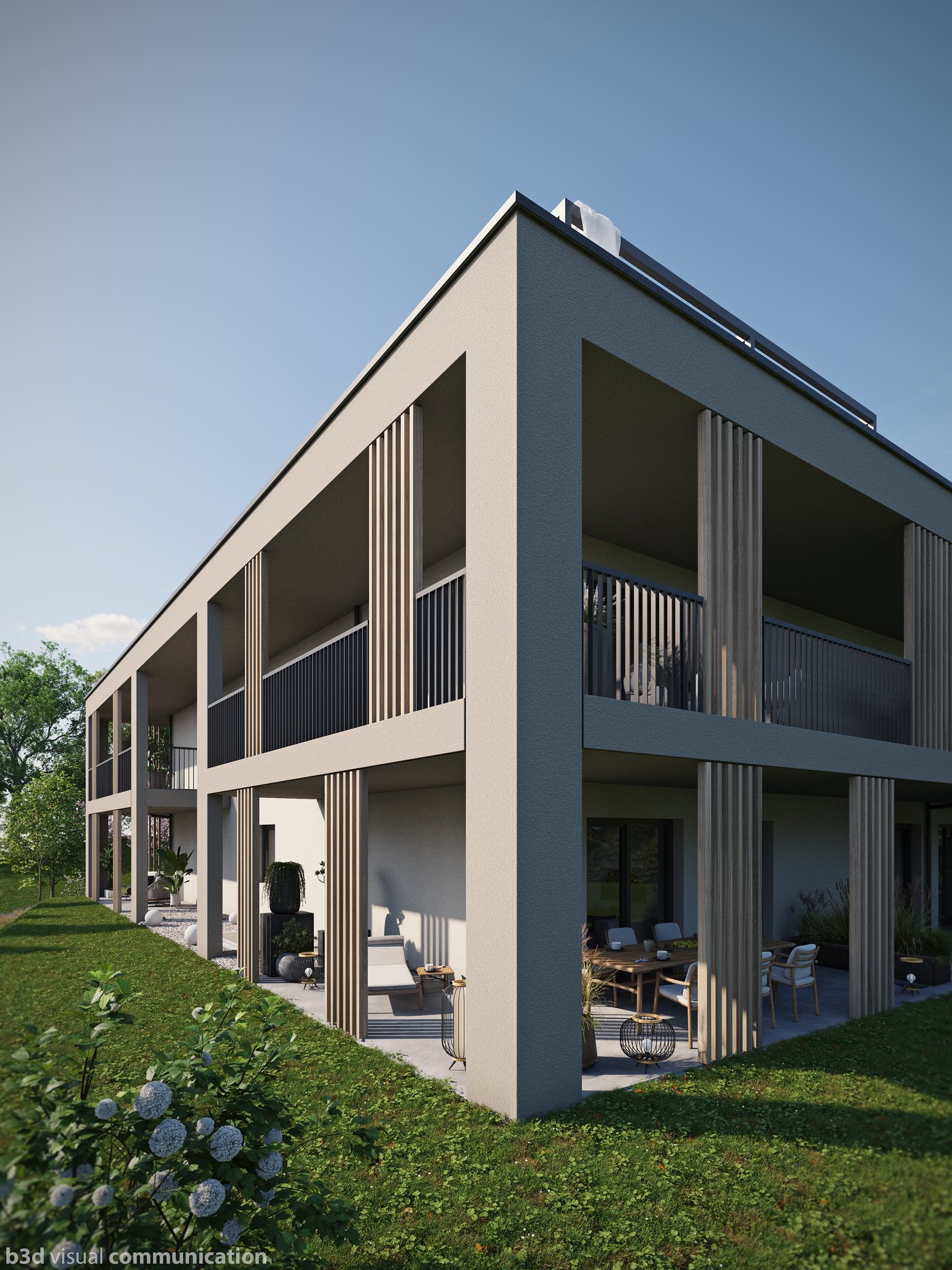 Fassade mit Terrassen im Erdgeschoss und Obergeschoss