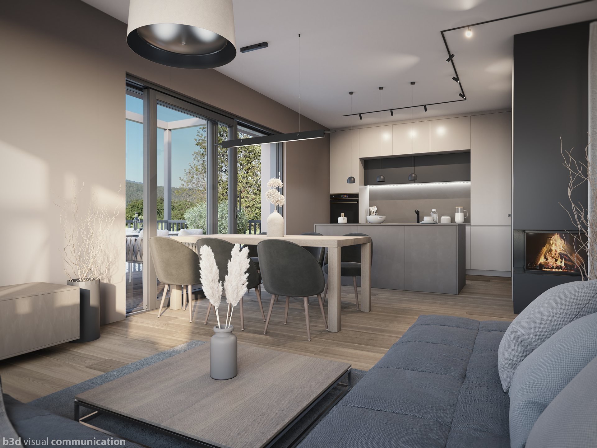 Wohnbereich im Penthouse mit großen Fenstern