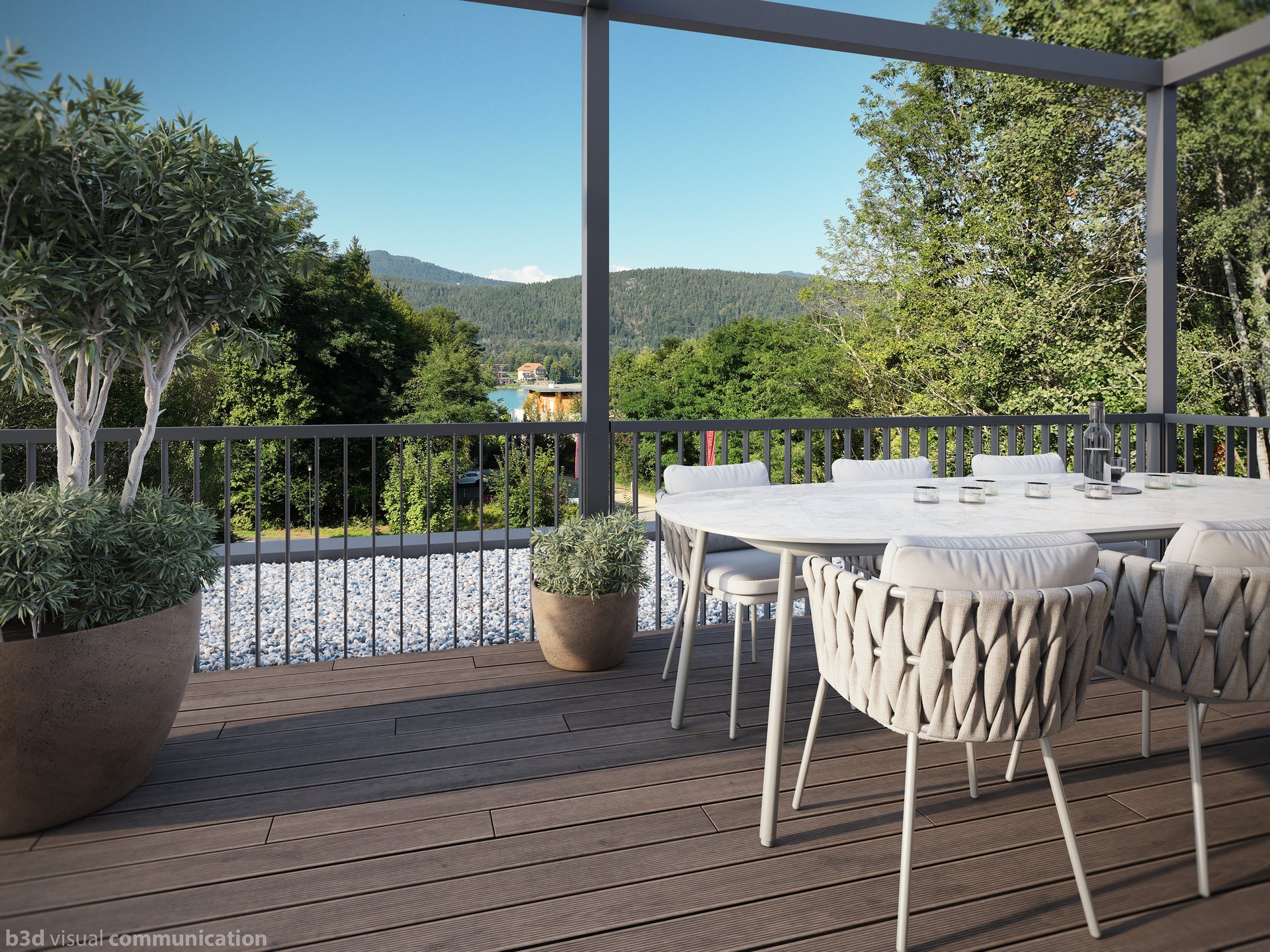 Terrasse mit Blick ins Grüne und auf die Berge
